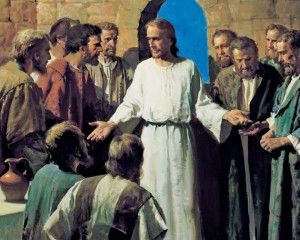 Painting of the resurrected Jesus Christ showing His hands to His apostles.  